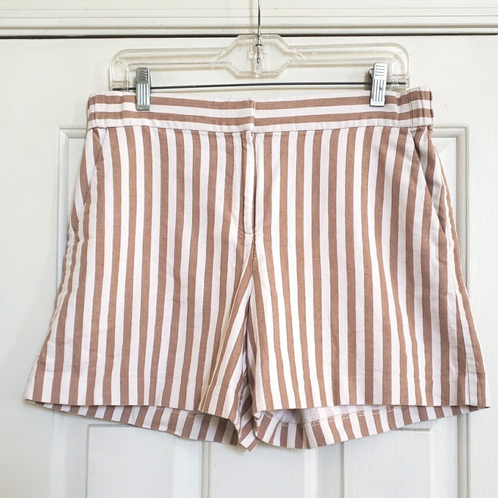 Ann Taylor Striped Tan White Cotton Linen Shorts Flat Front Pockets Casual | 10 - Picture 3 of 10